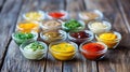 Sauce Sampler: Array of Condiments in Glass Bowls on Rustic Wood Surface Royalty Free Stock Photo