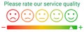Please rate the quality of service. Vector template. Rank of satisfaction rating. Emoticon feedback