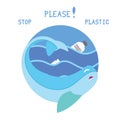 Please stop the plastic, social banner, environmental poster with text on a white background. whale. bottles in the ocean.