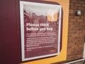 Please think before you buy sign outside Sainsburys supermarket in Golders Green, London, UK.