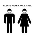 Please wear a face mask, sign. Man and woman silhouette with respirator protective mask on their faces. Personal