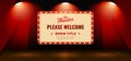 Please welcome retro classic sign board background design. Open red theater stage curtain backdrop with wooden floor base and full Royalty Free Stock Photo