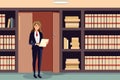 Pleased businesswoman with folder poses in office. Female attorney or manager stands near bookcase, clutching official documents.