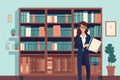 Pleased businesswoman with folder poses in office. Female attorney or manager stands near bookcase, clutching official documents.