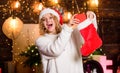 So pleased. happy new year. Gifts from santa claus. xmas stocking with presents. christmas preparation. New year present Royalty Free Stock Photo