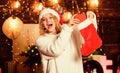 So pleased. happy new year. Gifts from santa claus. xmas stocking with presents. christmas preparation. New year present Royalty Free Stock Photo