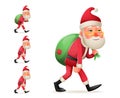 Pleased Happy Satisfied Christmas Santa Claus Heavy Gift Bag Cartoon Walk Tired Sad Weary Character Design Isolated Set