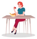 Pleased lady eating fresh fruits semi flat RGB color vector illustration