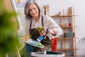 pleased mature artist pouring blue paint