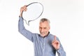 Pleased mature man holding blank bubble speech isolated