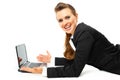 Pleased modern business woman using laptops