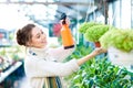 Pleased pretty young woman gardener spraying flowers