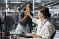 Pleased server farm manager does high five with employee Royalty Free Stock Photo