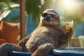 Pleased sloth in sunglasses, relaxing at a luxurious resort. Generative AI