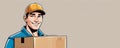 With a pleased smile, the delivery man holds a cardboard box