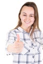 Pleased smiling woman showing thumb up and looking at camera Royalty Free Stock Photo