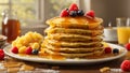 stack of fluffy pancakes topped with a luscious honey glaze.
