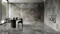 Pleasing dining area with floor and wall decor made of grey marble. Generative Ai Royalty Free Stock Photo