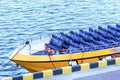 pleasure boat, barge at sea pier . Summer rest. Royalty Free Stock Photo