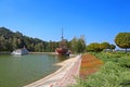 Pleasure boat and wooden Galleon ship-restaurant in Mezhyhirya, Ukraine