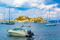 Pleasure boats in Corfu Town yacht harbor Greece Old fortress Royalty Free Stock Photo