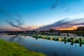 Pleasure boats and boats at dawn in the Bayou of lake Ladoga near the city of Novaya Ladoga Royalty Free Stock Photo