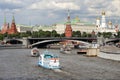 Pleasure boats sails along the river near the Moscow Kremlin. Royalty Free Stock Photo