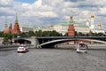 Pleasure boats sails along the river near the Moscow Kremlin. Royalty Free Stock Photo
