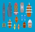 Pleasure boats and warships, sea ships, sport canoe, vessels, ferry. Royalty Free Stock Photo