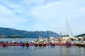 Pleasure boats and yachts at the pier on the waterfront of the r Royalty Free Stock Photo