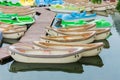 Pleasure rowing boats and pedalos tied up on a lake Royalty Free Stock Photo