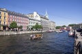 Pleasure and sightseeing boats with tourists. Saint Petersburg, Russia