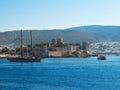 Pleasure yachts on the background of St. Peter`s Castle. Turkey, Mugla