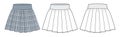 Pleat Skirt technical fashion illustration, plaid pattern. Mini Skirt fashion flat technical drawing template, pleated, rib
