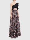 Pleated Tiered Gown in Black, Off-the-shoulder Brocade Ball Gown, Crepe Top Printed Ball Gown, Shirred floral-print silk-chiffon