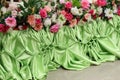 The pleating of ruffles decorates the interior of the room and is decorated with beautiful fresh flowers.