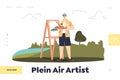 Plein air artist concept of landing page with man painter drawing outdoors in open air