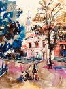 Pleinair watercolor painting of european old town cityscape Royalty Free Stock Photo