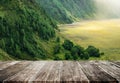 Plentifully tropical rain forest on mountain hills landscape in the morning, with wood floor