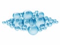 Plenty of bubbles float in the air. Big and small blue water droplets, white background Royalty Free Stock Photo