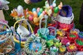 Plenty of colorful Easter eggs and wooden baskets handmade