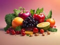 plenty of fresh fruits and vegetables isolated on gradient background