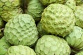 Plenty of fresh green anona, a tropical fruit, on the farmers market Royalty Free Stock Photo