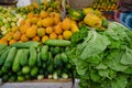 Plenty of fruits and vegetables,cucumbers, coconuts, passion fruits, salad Royalty Free Stock Photo