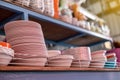 Plenty of pink plastic bowls stacked on top of the store shelves Royalty Free Stock Photo