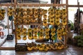 Plenty of ripe banana bunches hanging at a local street market Royalty Free Stock Photo