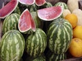 Plenty of watermelons and cantaloupes for sale . Royalty Free Stock Photo