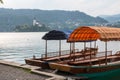 Pletna boats on Bled Lake and Bled Island Royalty Free Stock Photo