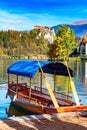 Bled, Slovenia view with castle and boat