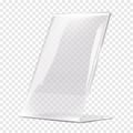 Plexi stand vector mockup. Clear acrylic table information display on transparent background. Plastic L-shaped poster holder Royalty Free Stock Photo